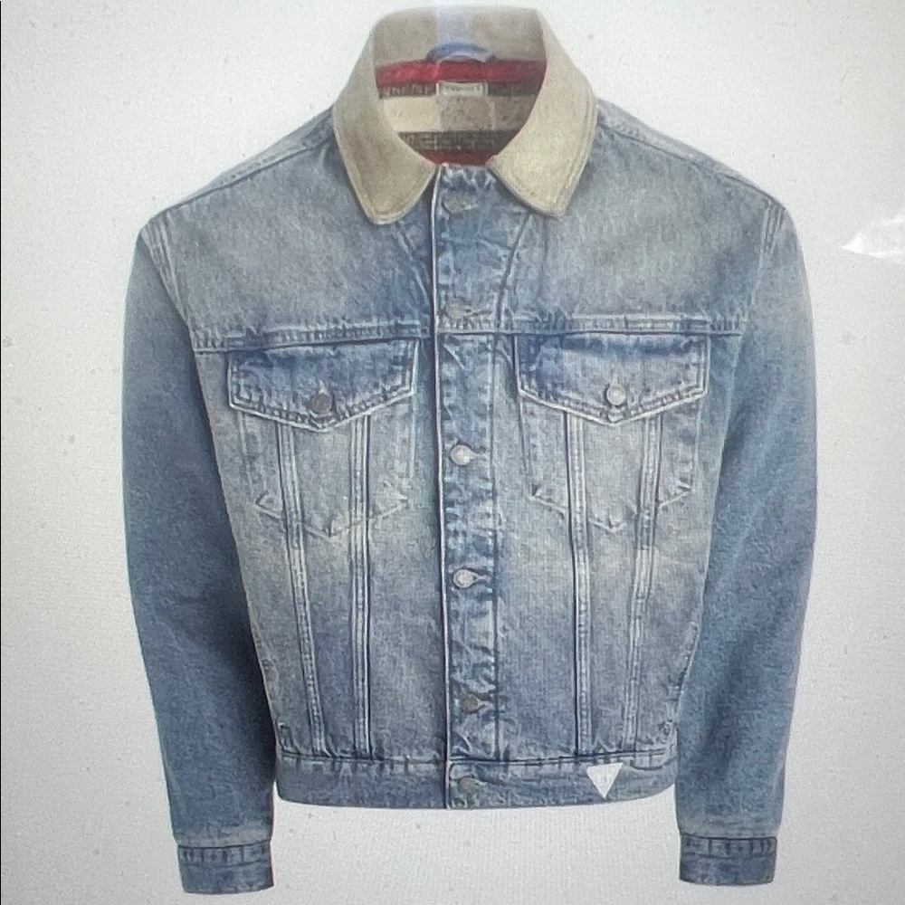 Guess Blue Denim Jacket with Tan leather Collar